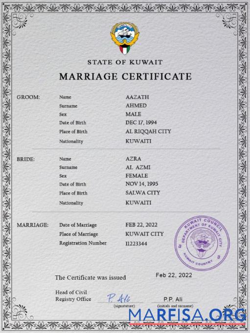Realistic Kuwait marriage certificate PSD template